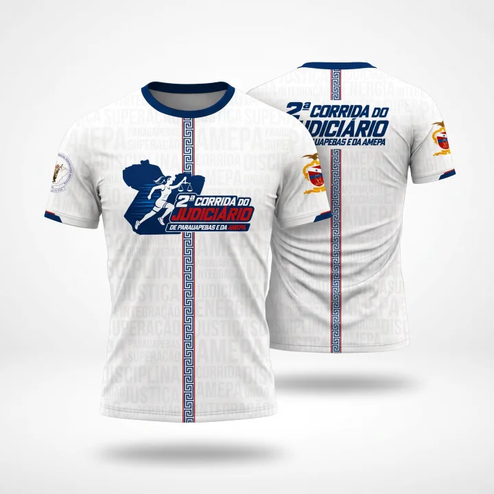 Camiseta oficial da 2ª Corrida do Judiciário, branca com detalhes em azul e vermelho, frente e verso