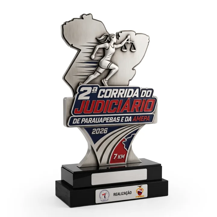Troféu oficial da 2ª Corrida do Judiciário em metal prateado com base preta